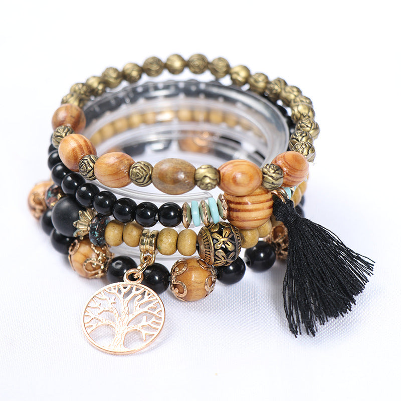 Wholesale Bohemian Tassel Multilayer Wooden Beads Bracelet